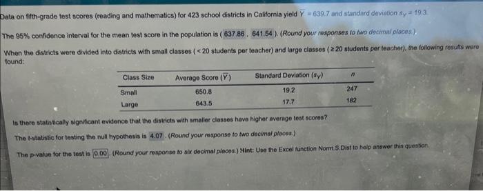 Data On Fifth Grade Test Scores Reading And Mathematics For 423 School Districts In California Yield Y 639 7 And Stand 1