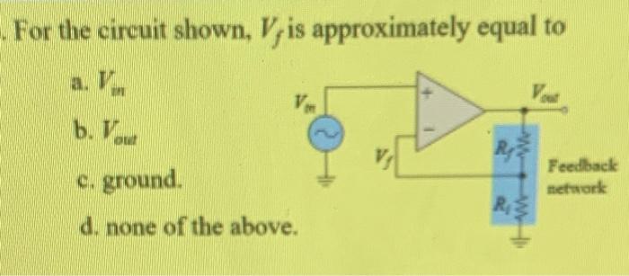 For The Circuit Shown V Is Approximately Equal To A V V B Vo Feedback Network E Ground D None Of The Above R3 1