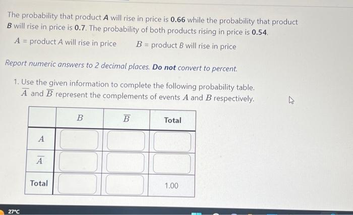 The Probability That Product A Will Rise In Price Is 0 66 While The Probability That Product B Will Rise In Price Is 0 7 1