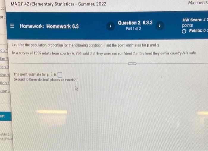 Ed Ore Ion Tion 1 Tion 1 Tion 2 Ma 211 42 Elementary Statistics Summer 2022 Art Homework Homework 6 3 Ma 211 Se 1