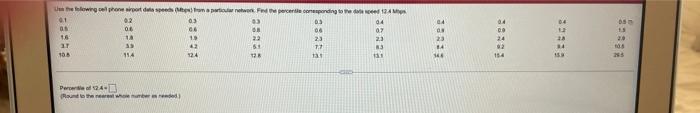 Use The Flowing Cell Phone Airport Data Speeds Mbps From A Particular Network Find The Percentile Opnesponding To The 1