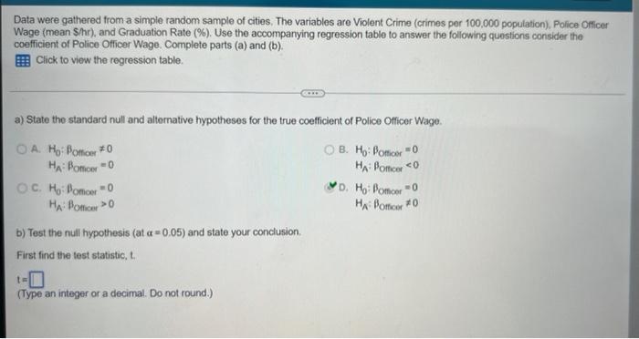 Data Were Gathered From A Simple Random Sample Of Cities The Variables Are Violent Crime Crimes Per 100 000 Population 1