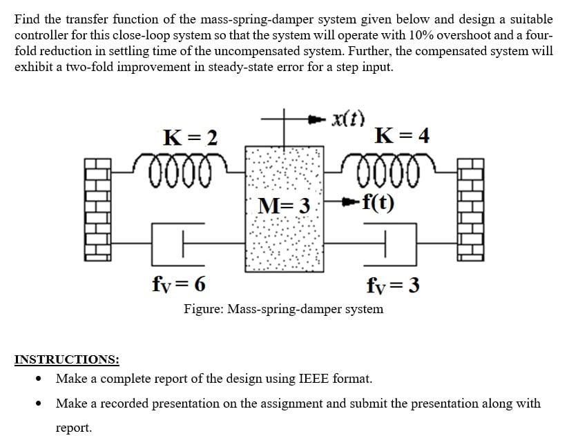 Find The Transfer Function Of The Mass Spring Damper System Given Below And Design A Suitable Controller For This Close 1