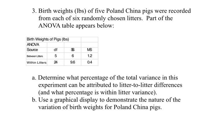 3 Birth Weights Lbs Of Five Poland China Pigs Were Recorded From Each Of Six Randomly Chosen Litters Part Of The Ano 1