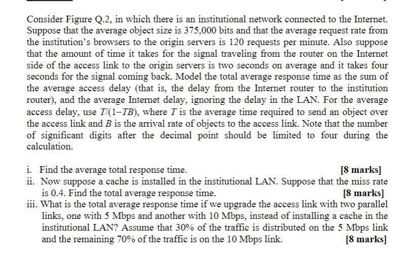 Consider Figure Q 2 In Which There Is An Institutional Network Connected To The Internet Suppose That The Average Obje 1