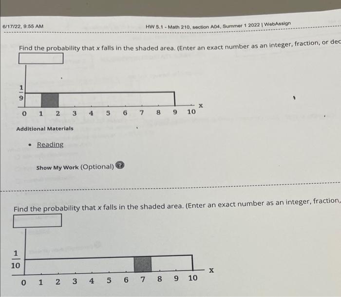 6 17 22 9 55 Am Hw 5 1 Math 210 Section A04 Summer 1 2022 Webassign Find The Probability That X Falls In The Shaded 1