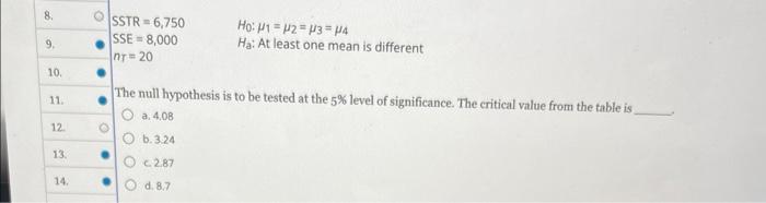 Zle 7 8 9 10 11 12 13 Sstr 6 750 Sse 8 000 Nt 20 The Test Statistic To Test The Null Hypothesis Equals A 4 2 2