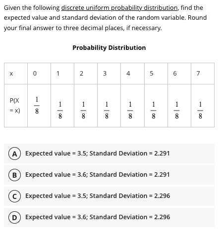 Given The Following Discrete Uniform Probability Distribution Find The Expected Value And Standard Deviation Of The Ran 1
