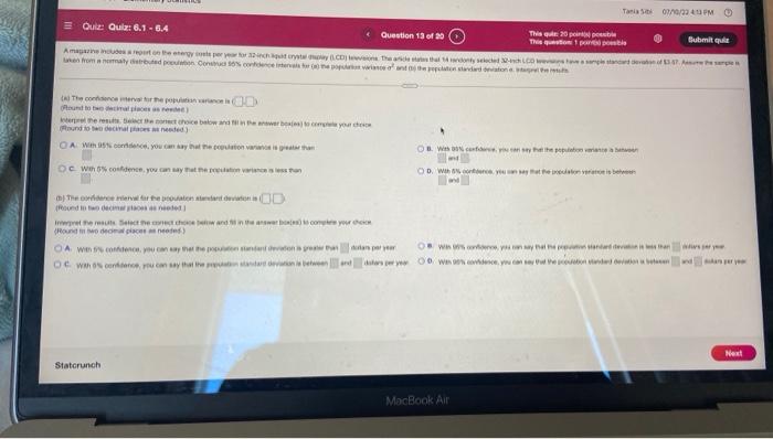 Quiz Quiz 6 1 6 4 Her Wishes An 00 What Is The Oa Having An Having An Oc Hegn Statcrunch P 10 Up To The Rest We Numbe 2