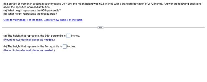In A Survey Of Women In A Certain Country Ages 20 29 The Mean Height Was 62 5 Inches With A Standard Deviation Of 2 7 1