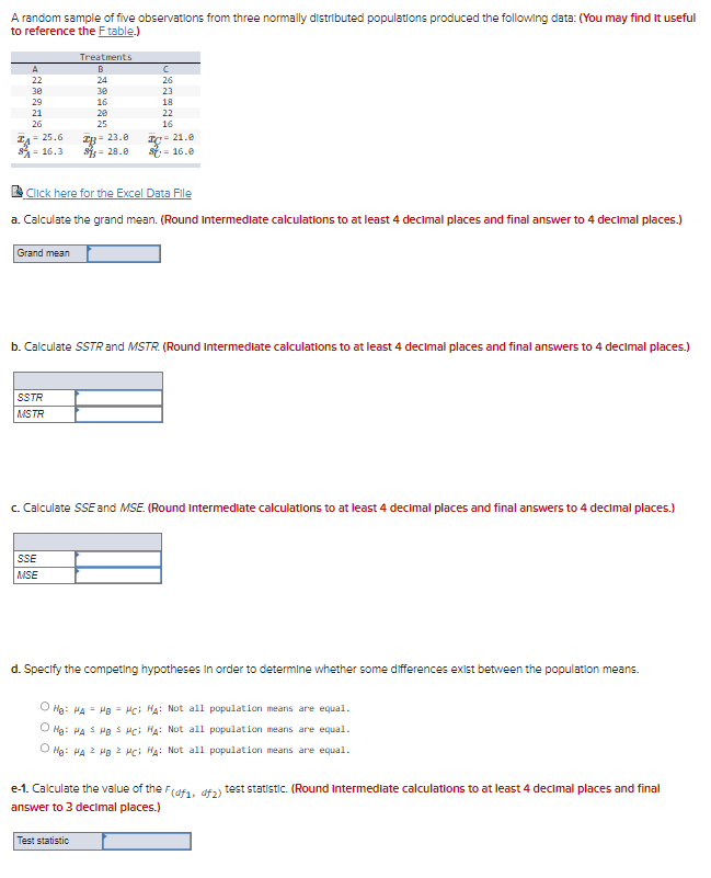 A Random Sample Of Five Observations From Three Normally Distributed Populations Produced The Following Data You May F 1