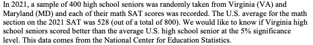 In 2021 A Sample Of 400 High School Seniors Was Randomly Taken From Virginia Va And Maryland Md And Each Of Their M 1