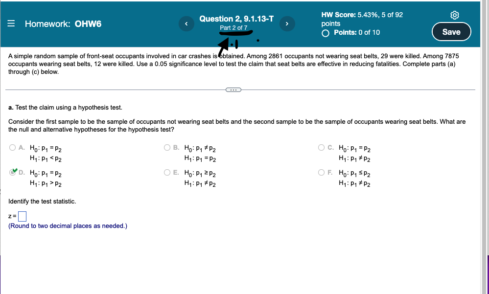 Homework Ohw6 Oa Ho P P2 H P P2 A Simple Random Sample Of Front Seat Occupants Involved In Car Crashes Is Obtai 1