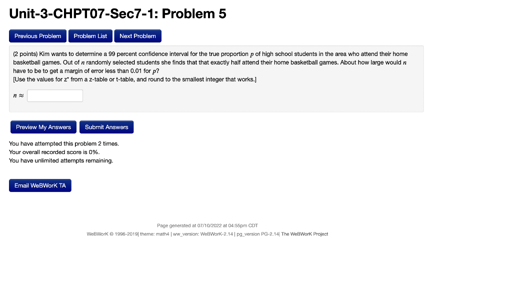 Unit 3 Chpt07 Sec7 1 Problem 5 Previous Problem Problem List Next Problem 2 Points Kim Wants To Determine A 99 Percen 1