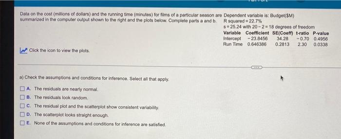 Data On The Cost Millions Of Dollars And The Running Time Minutes For Films Of A Particular Season Are Dependent Var 1