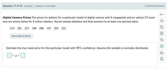 Question 11 Of 15 2 Points Attempt 1 Of Unlimited 7 2 Section Exercise 6 Digital Camera Prices The Prices In Dollar 1