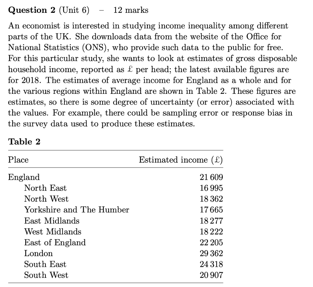 Question 2 Unit 6 12 Marks An Economist Is Interested In Studying Income Inequality Among Different Parts Of The Uk S 1