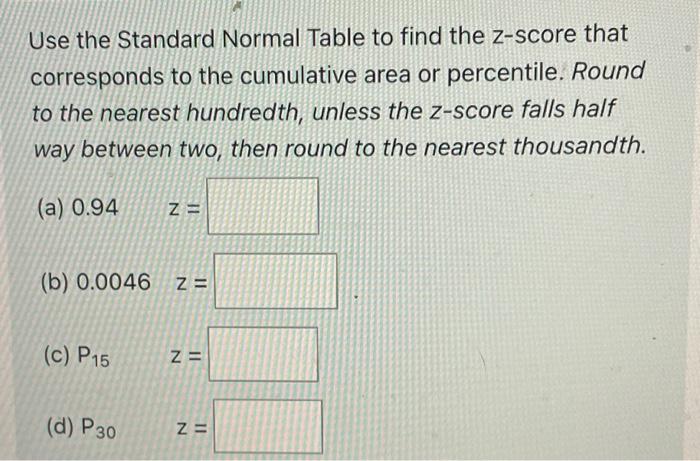 Use The Standard Normal Table To Find The Z Score That Corresponds To The Cumulative Area Or Percentile Round To The Ne 1