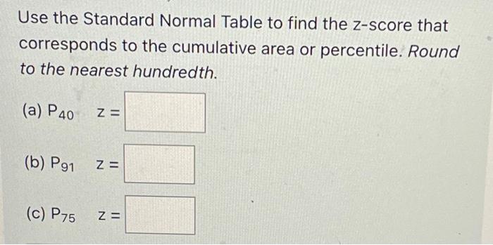 Use The Standard Normal Table To Find The Z Score That Corresponds To The Cumulative Area Or Percentile Round To The Ne 1