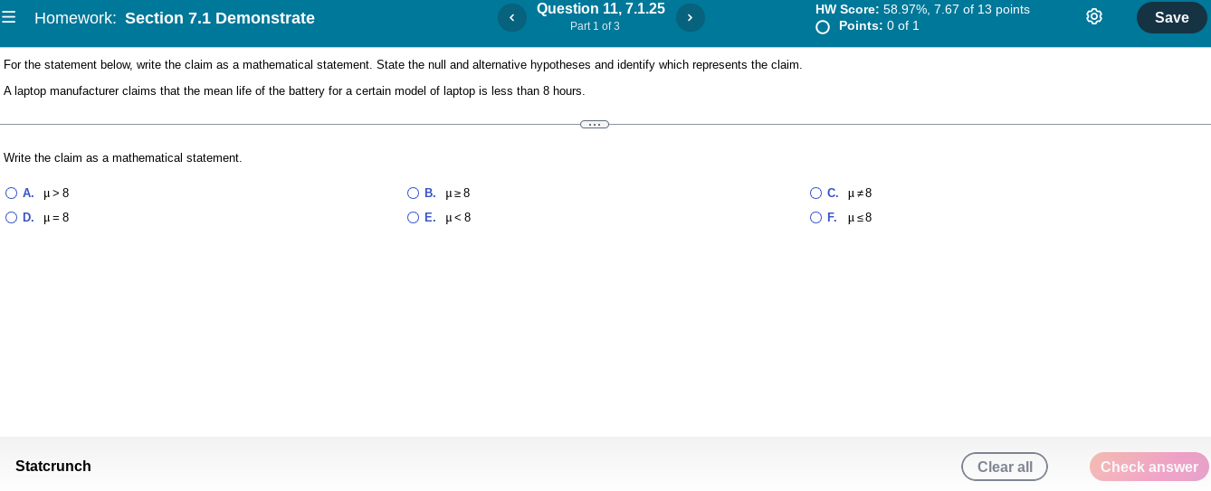 Homework Section 7 1 Demonstrate For The Statement Below Write The Claim As A Mathematical Statement State The Null A 1