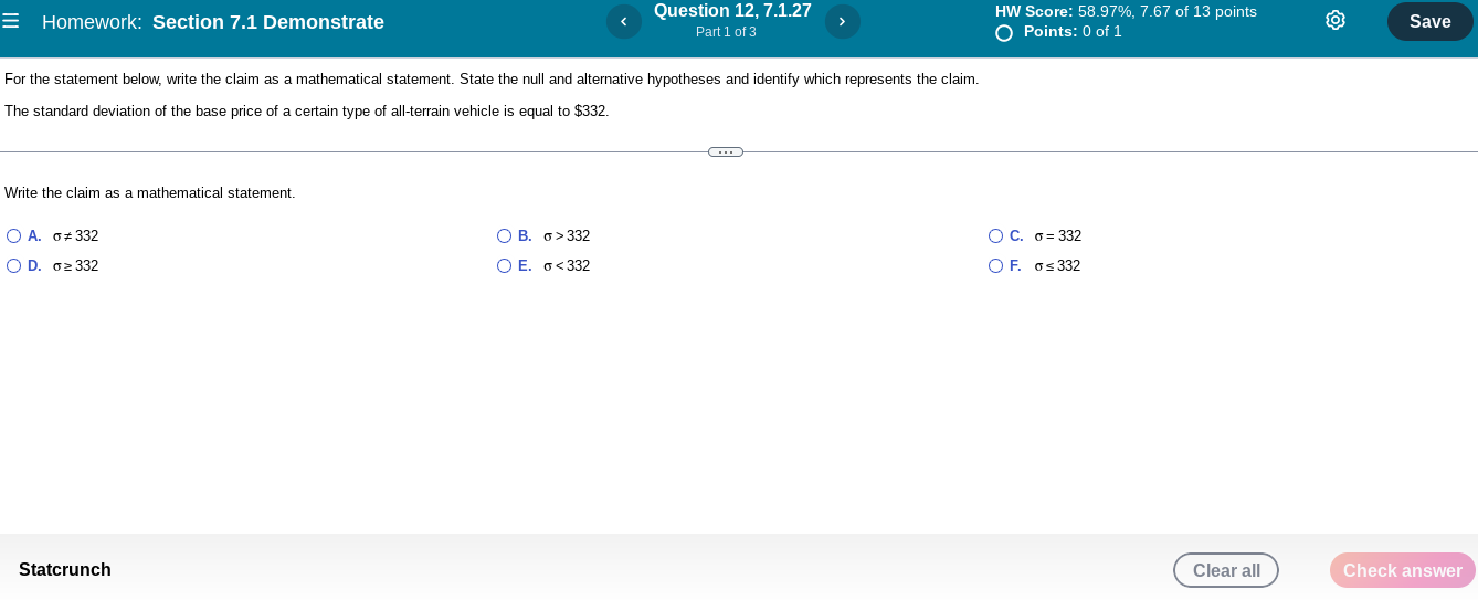 Homework Section 7 1 Demonstrate For The Statement Below Write The Claim As A Mathematical Statement State The Null A 1