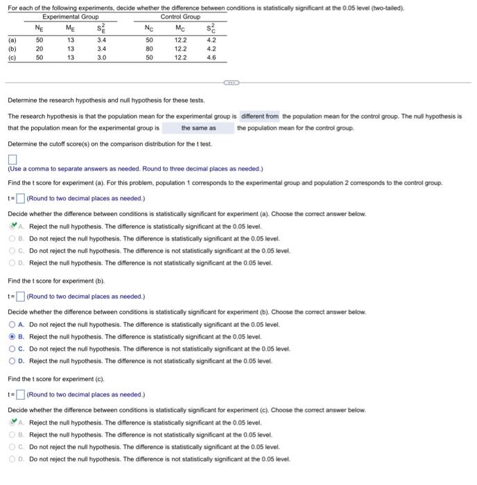 For Each Of The Following Experiments Decide Whether The Difference Between Conditions Is Statistically Significant At 1