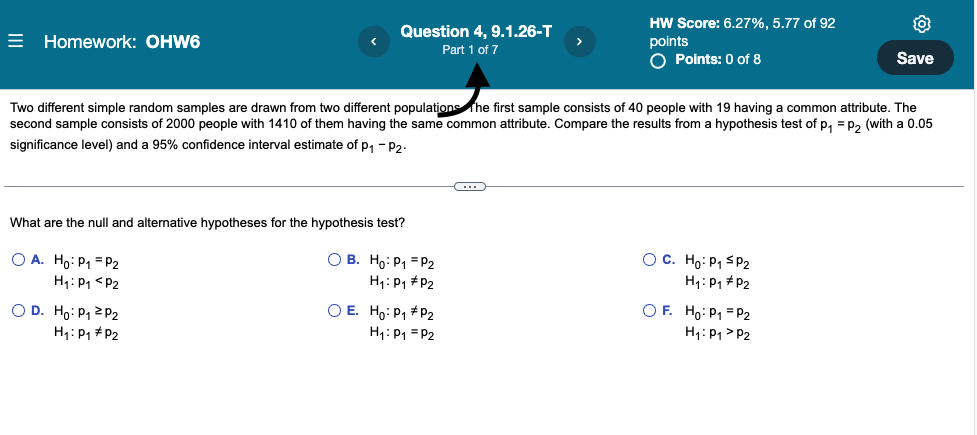 Homework Ohw6 Question 4 9 1 26 T Part 1 Of 7 What Are The Null And Alternative Hypotheses For The Hypothesis Test Ob 1