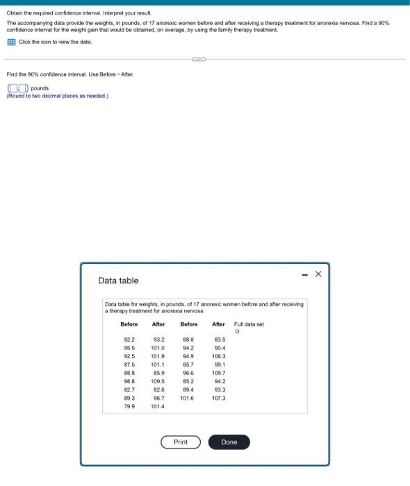 Obtain The Required Confidence Interval Interpret Your Result The Accompanying Data Provide The Weights In Pounds Of 1