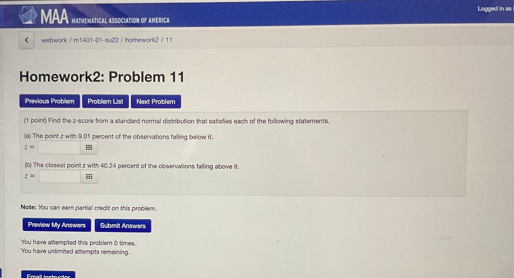 Maa Mathematical Association Of America Webwork M1401 01 Su22 Homework2 11 Homework2 Problem 11 Previous Problem Pro 1
