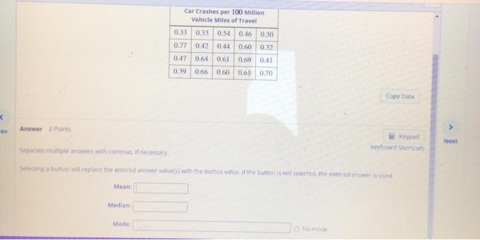 K Ev Answer Points Median Car Crashes Per 100 Million Vehicle Miles Of Travel Mode 0 33 0 33 0 54 0 46 0 30 0 77 0 42 1