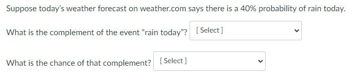 Suppose Today S Weather Forecast On Weather Com Says There Is A 40 Probability Of Rain Today What Is The Complement Of 1