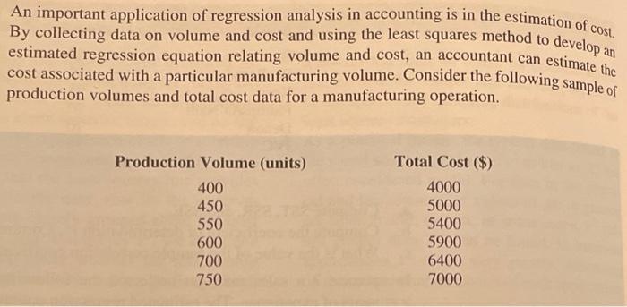 An Important Application Of Regression Analysis In Accounting Is In The Estimation Of Cost By Collecting Data On Volume 1