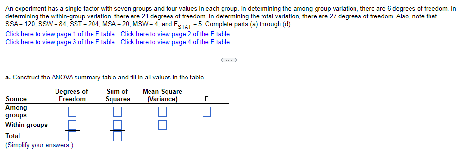 An Experiment Has A Single Factor With Seven Groups And Four Values In Each Group In Determining The Among Group Variat 1