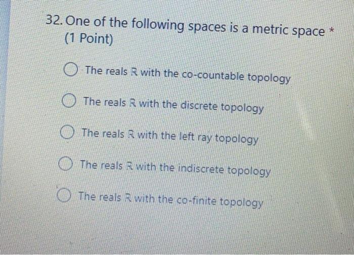 32 One Of The Following Spaces Is A Metric Space 1 Point St The Reals With The Co Countable Topology The Reals With T 1