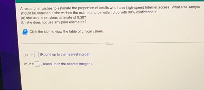 A Researcher Wishes To Estimate The Proportion Of Adults Who Have High Speed Internet Access What Size Sample Should Be 1