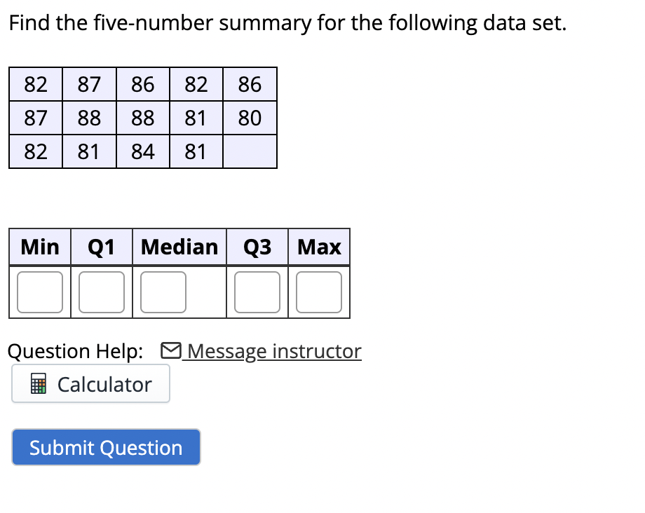 Find The Five Number Summary For The Following Data Set 82 87 86 82 86 87 88 88 81 80 82 81 84 81 Min Q1 Median Q3 Max 1