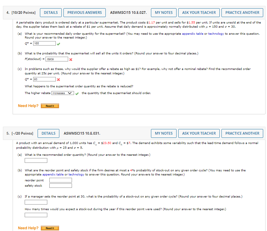 4 10 20 Points Details Previous Answers Aswmsci15 10 E 027 My Notes A Perishable Dairy Product Is Ordered Daily At A 1