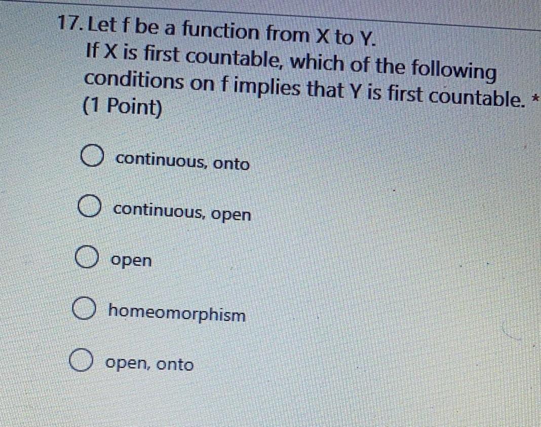 17 Let F Be A Function From X To Y If X Is First Countable Which Of The Following Conditions On Fimplies That Y Is Fi 1