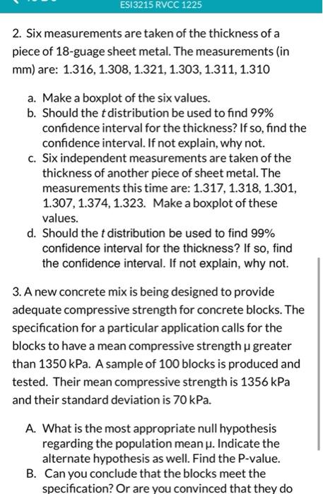 Esi3215 Rvcc 1225 2 Six Measurements Are Taken Of The Thickness Of A Piece Of 18 Guage Sheet Metal The Measurements I 1