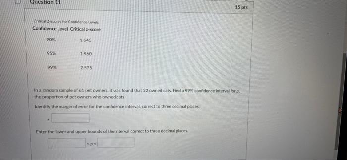 Question 11 Crincal 2 Scores For Confidence Levels Confidence Level Critical Z Score 90 95 99 1 645 1 960 2 575 In A 1
