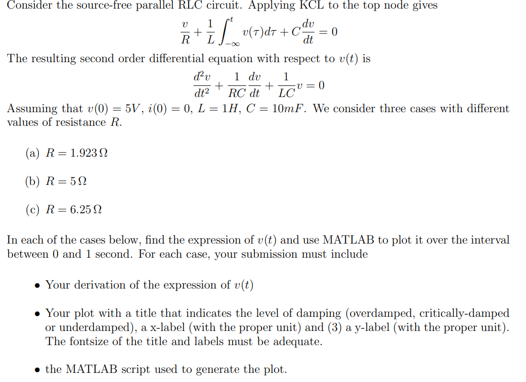 Il V 7 Dz Cila 9 C Consider The Source Free Parallel Rlc Circuit Applying Kcl To The Top Node Gives 1 Dv 0 R 1
