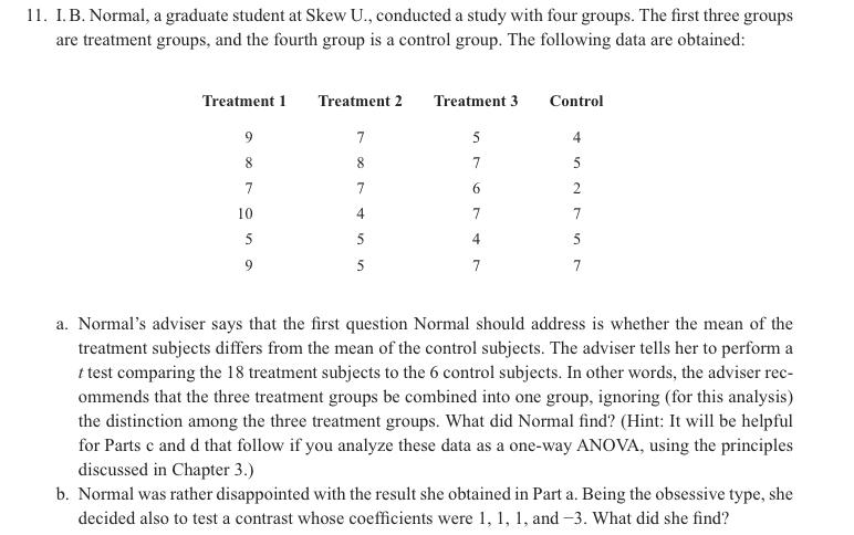 11 I B Normal A Graduate Student At Skew U Conducted A Study With Four Groups The First Three Groups Are Treatment 1