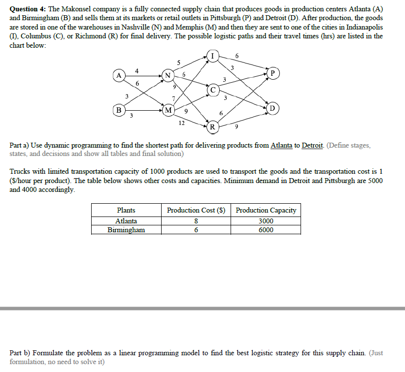 Question 4 The Makonsel Company Is A Fully Connected Supply Chain That Produces Goods In Production Centers Atlanta A 1