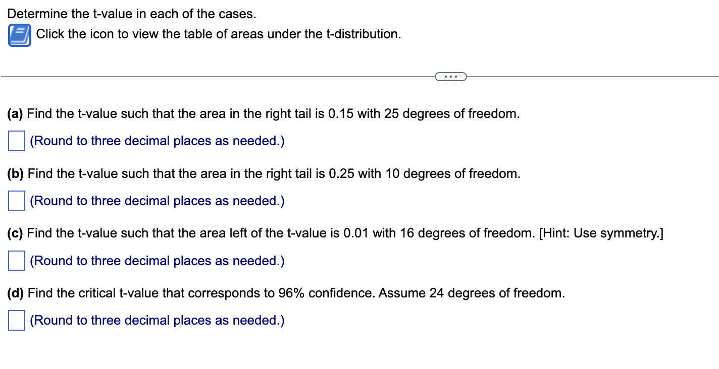 Determine The T Value In Each Of The Cases Click The Icon To View The Table Of Areas Under The T Distribution A Find 1