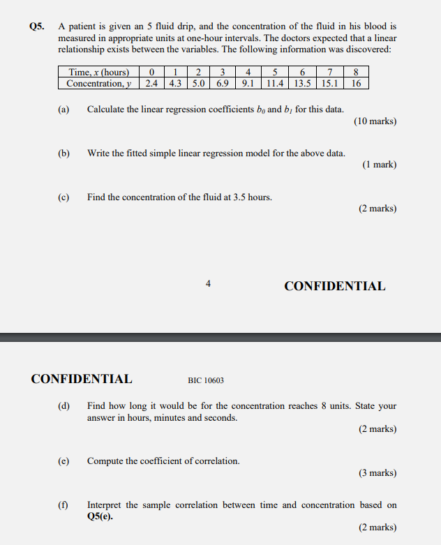Q5 A Patient Is Given An 5 Fluid Drip And The Concentration Of The Fluid In His Blood Is Measured In Appropriate Units 1