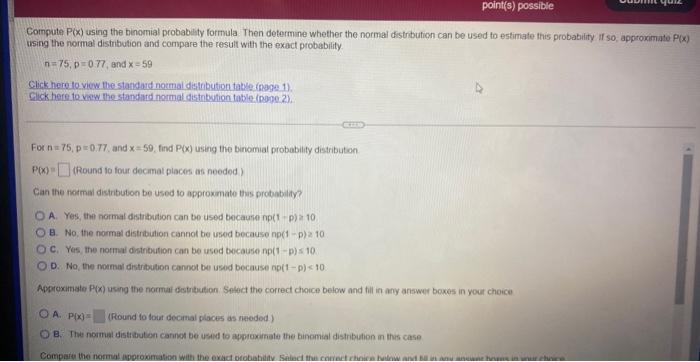Point S Possible Compute P X Using The Binomial Probability Formula Then Determine Whether The Normal Distribution Can 1