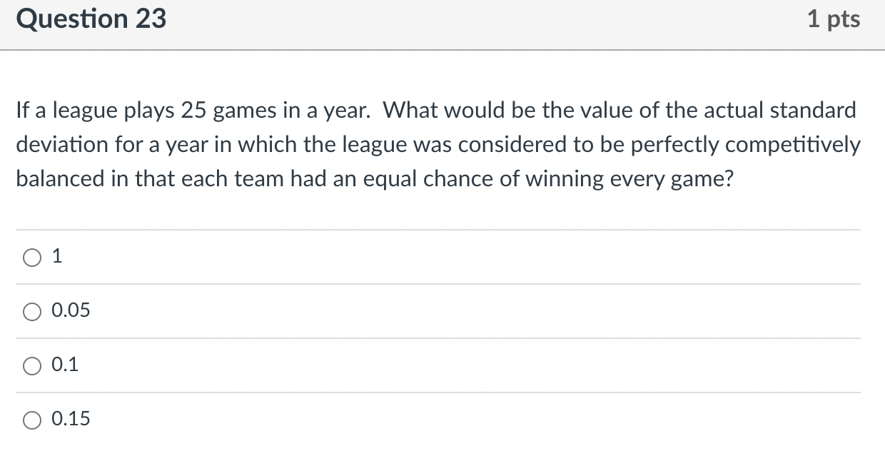 Question 23 If A League Plays 25 Games In A Year What Would Be The Value Of The Actual Standard Deviation For A Year In 1