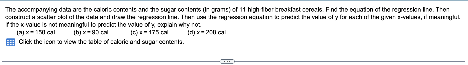 The Accompanying Data Are The Caloric Contents And The Sugar Contents In Grams Of 11 High Fiber Breakfast Cereals Fin 1