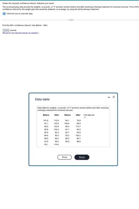 Obtain The Required Confidence Interval Interpret Your Result The Accompanying Data Provide The Weights In Pounds Of 1