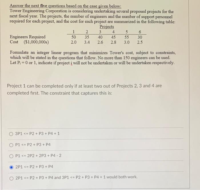 Answer The Next Five Questions Based On The Case Given Below Tower Engineering Corporation Is Considering Undertaking S 1